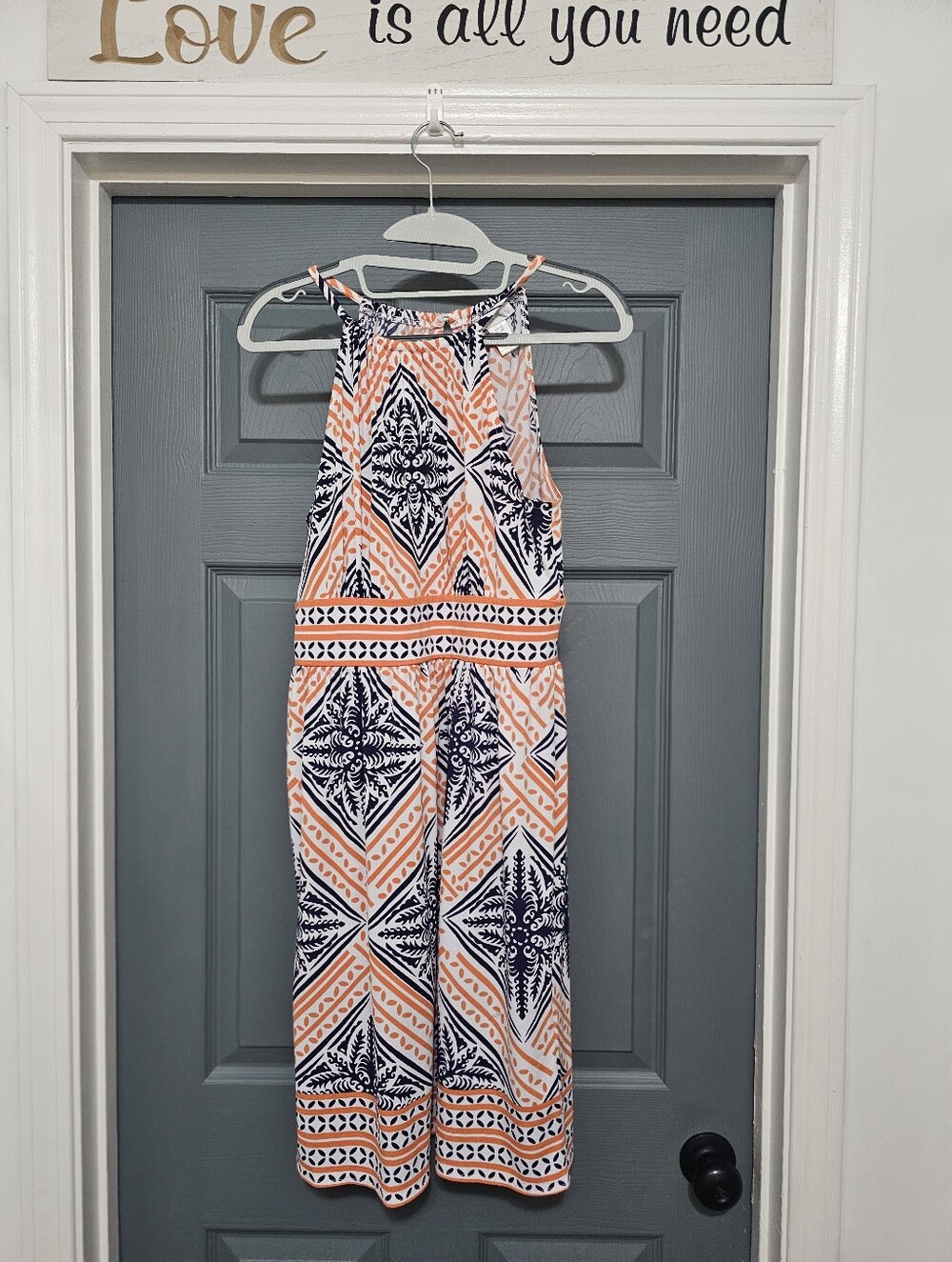 London Times Peach and Navy Geometric Halter Jumpsuit